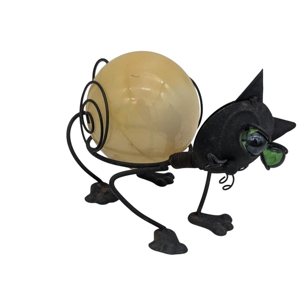 Vintage Metal Cat Figurine Yellow Orb Body Green Glass‎ Eyes Whimsical Decor